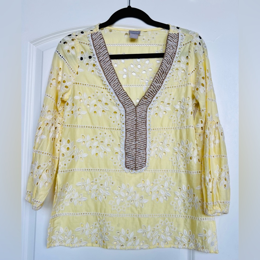 Chico's Yellow Eyelet Tunic with Beaded Trim